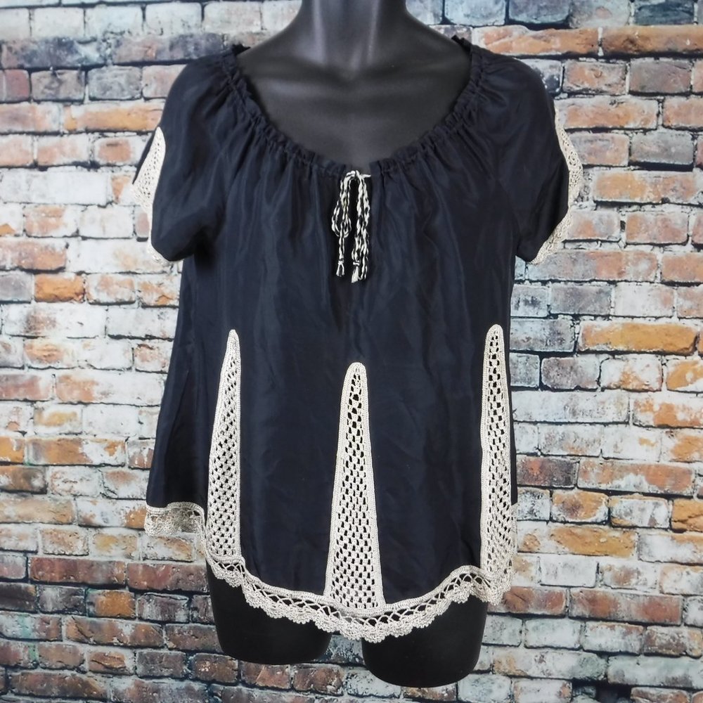 BCBGMaxazria black Silk & Crochet Blouse size S